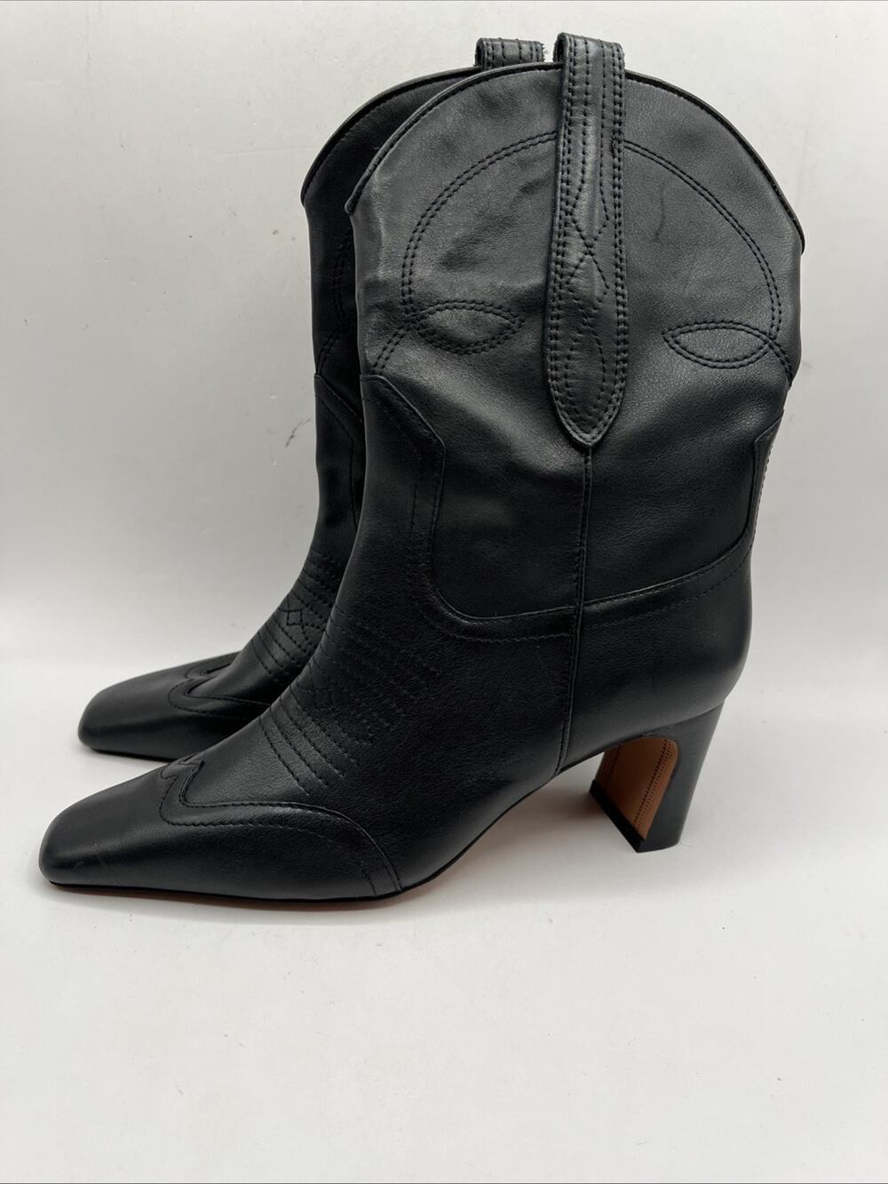 Steve Madden Josephine Black Leather Square Toe Heel Cowboy Boots Sz 7.5 US